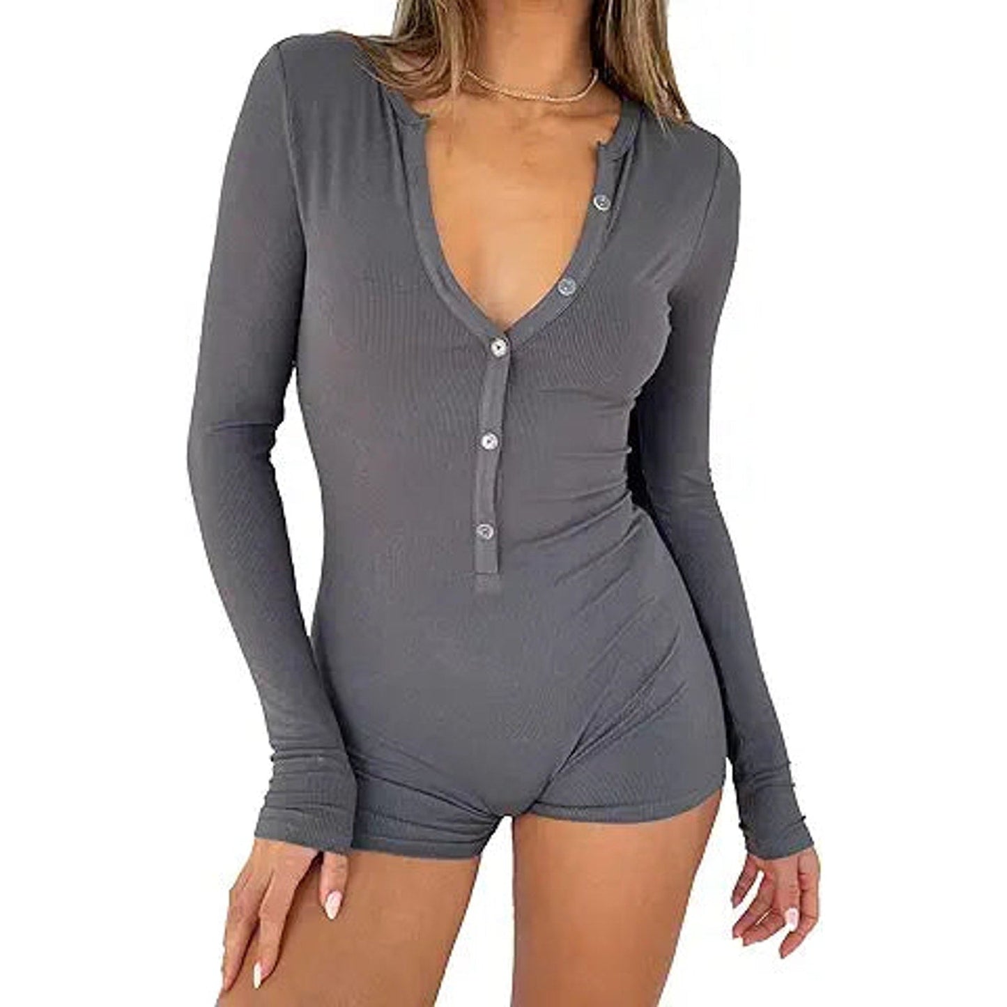 REVETRO Womens Long Sleeve Bodysuit Deep V Neck Shorts Shirts Unitard Jumpsuit One Piece G