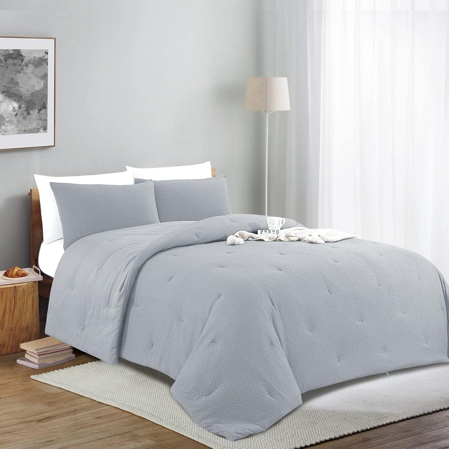 HOMBYS 3 Piece Seersucker Oversized King Comforter Set 120x120, Breathable Light Grey Soft Comforter Set, Lightweight Bedding Comforter Sets with Comforter for All Season