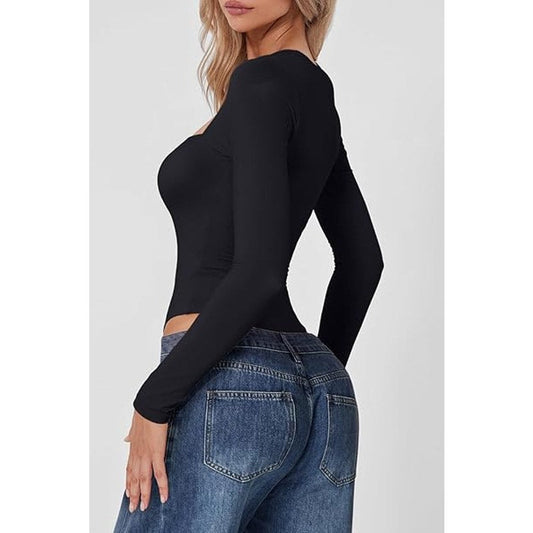 QINSEN Black Bodysuit for Women Thong Sexy Square Neck Long Sleeve Shirt Tops XS