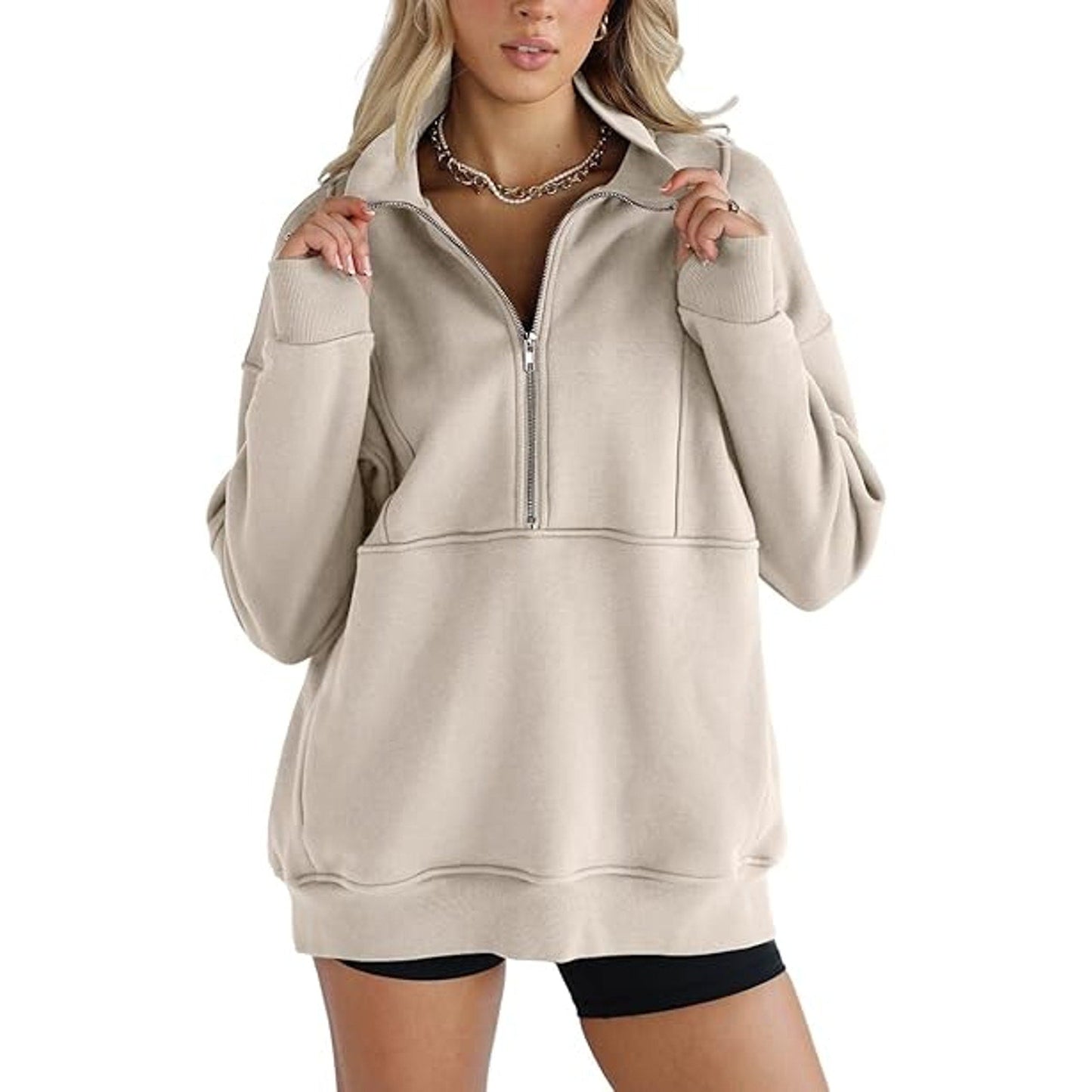Women's Half Zip Sweatshirts Fleece Stand Collar Long Sleeve Thumb Hole Oversized Pullover