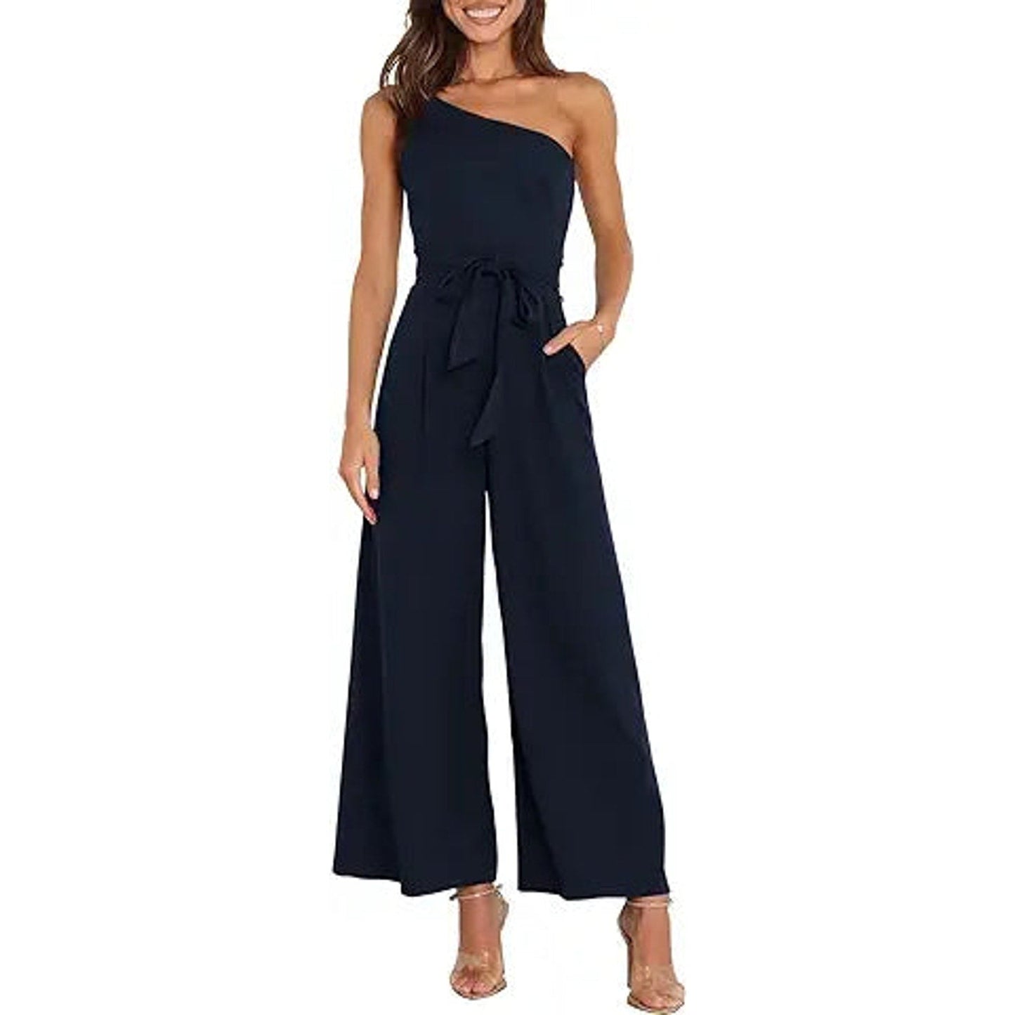 ANRABESS Women Summer Dressy Jumpsuits One Shoulder Sleeveless Casual Wide Leg Pants Rompe