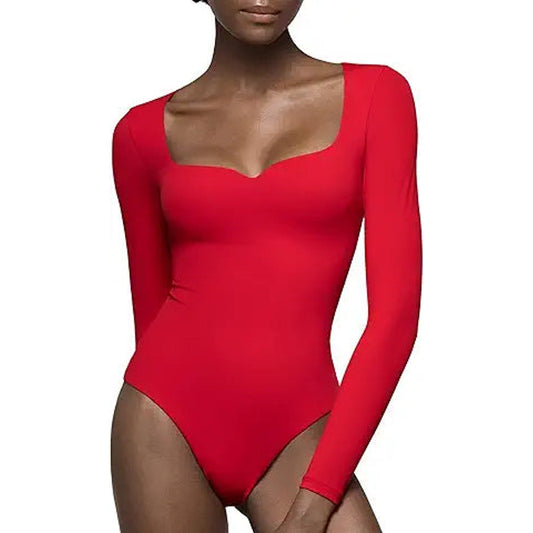 PUMIEY Bodysuits for Women Long Sleeve Sweetheart Neck Body Suits T Shirt Tops, Ruby Small