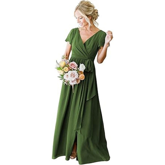 YMSHA Short Sleeve Formal Dresses with Pockets Long Chiffon Bridesmaid Dresses Olive Green