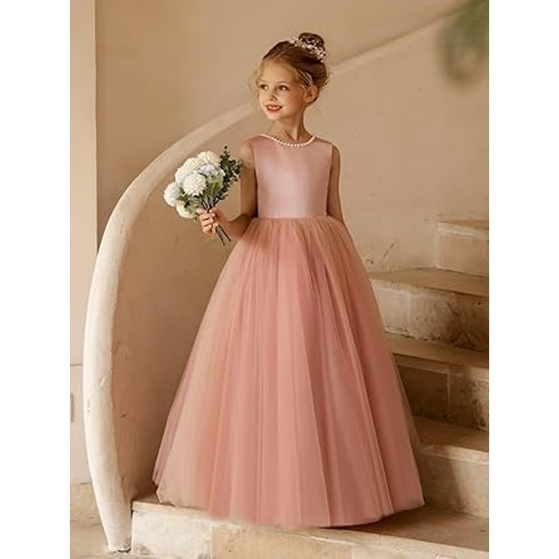 MCieloLuna Dusty Rose Ball Gown Tulle Flower Girl Dresses Bow-Knot Pearls Bridesmaid Weddi