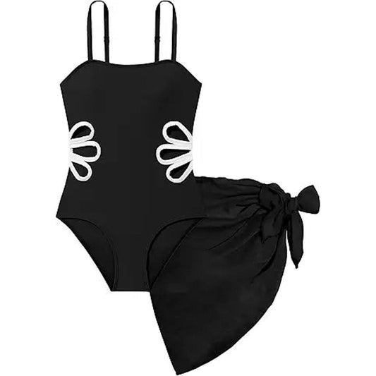 TALLWH Girl Swimsuit, Adjustable Straps Cut Out One Piece Swimsuit with Solid Color Cover
