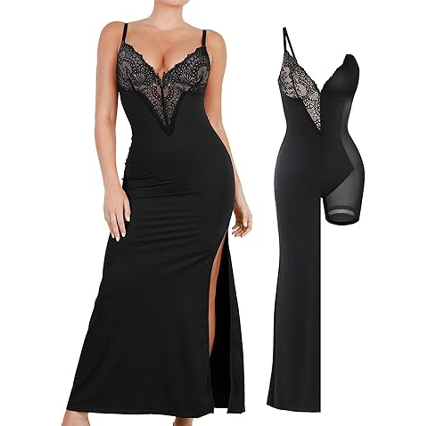 Popilush Shapewear Dress Deep-V Neck Lace Satin Drape Slip Split Bodycon Maxi