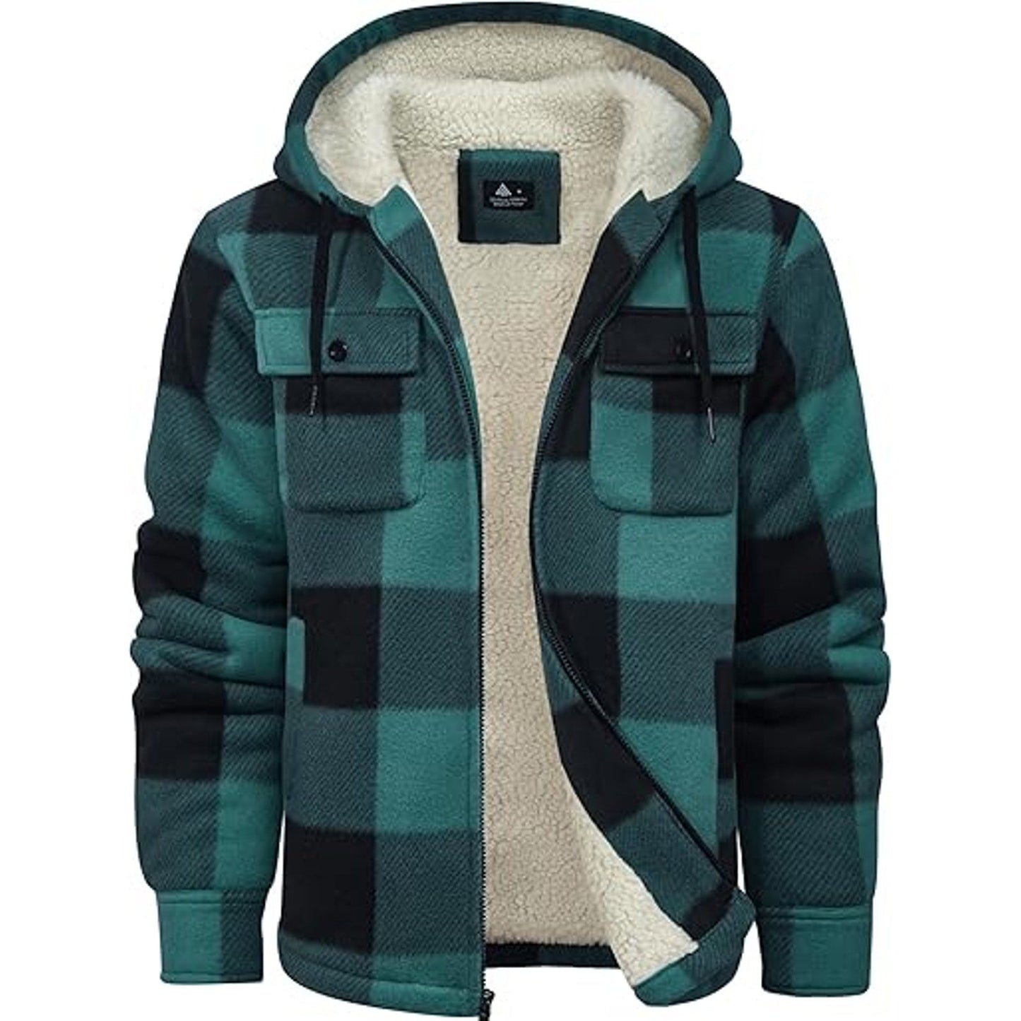 V VALANCH Mens Flannel Jacket with Hood Sherpa Lined Fleece Jacket Men Zip Up Plaid Hoodie
