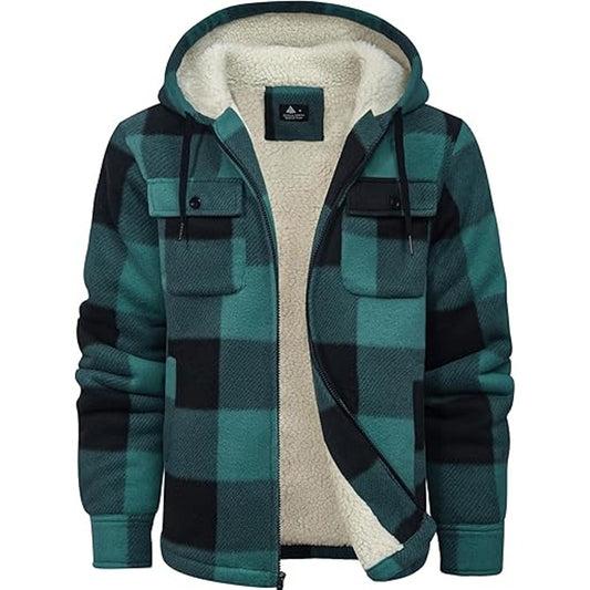V VALANCH Mens Flannel Jacket with Hood Sherpa Lined Fleece Jacket Men Zip Up Plaid Hoodie