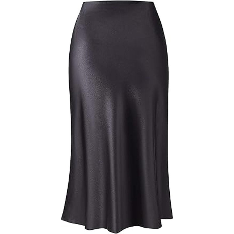 Keasmto Black Skirt for Women Midi Length High Waist Silk Satin Elasticized