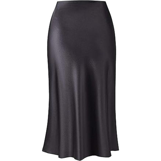 Keasmto Black Skirt for Women Midi Length High Waist Silk Satin Elasticized