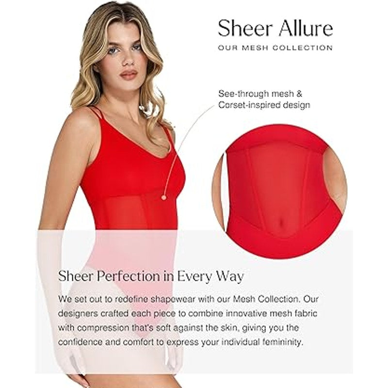 Popilush Mesh Shapewear Bodysuit Tummy Control Going Out Corset Tops Double Spaghetti Stra