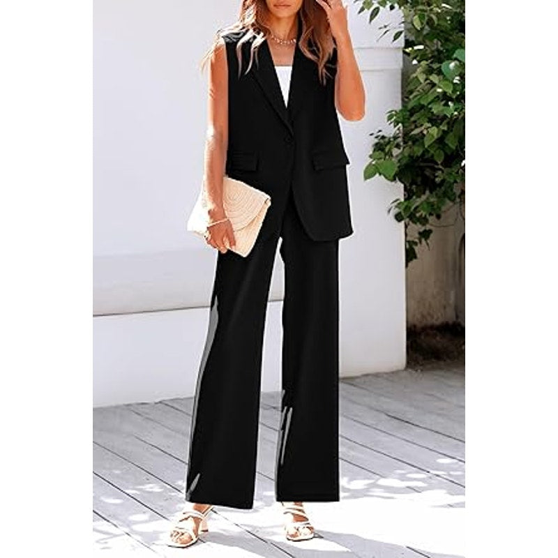 PRETTYGARDEN Women's 2 Piece Outfits Sleeveless Suit Vest and Wide Leg Pants Business Casu