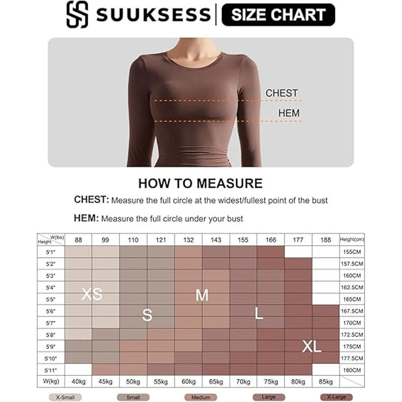 SUUKSESS Women Double Lined Fitted Basic Tee Shirts Crew Neck Long Sleeve Going Out Crop T