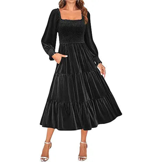 ZESICA Women’s Velvet Long Sleeve Dresses 2025 Spring Square Neck Smocked Ruffle A Line