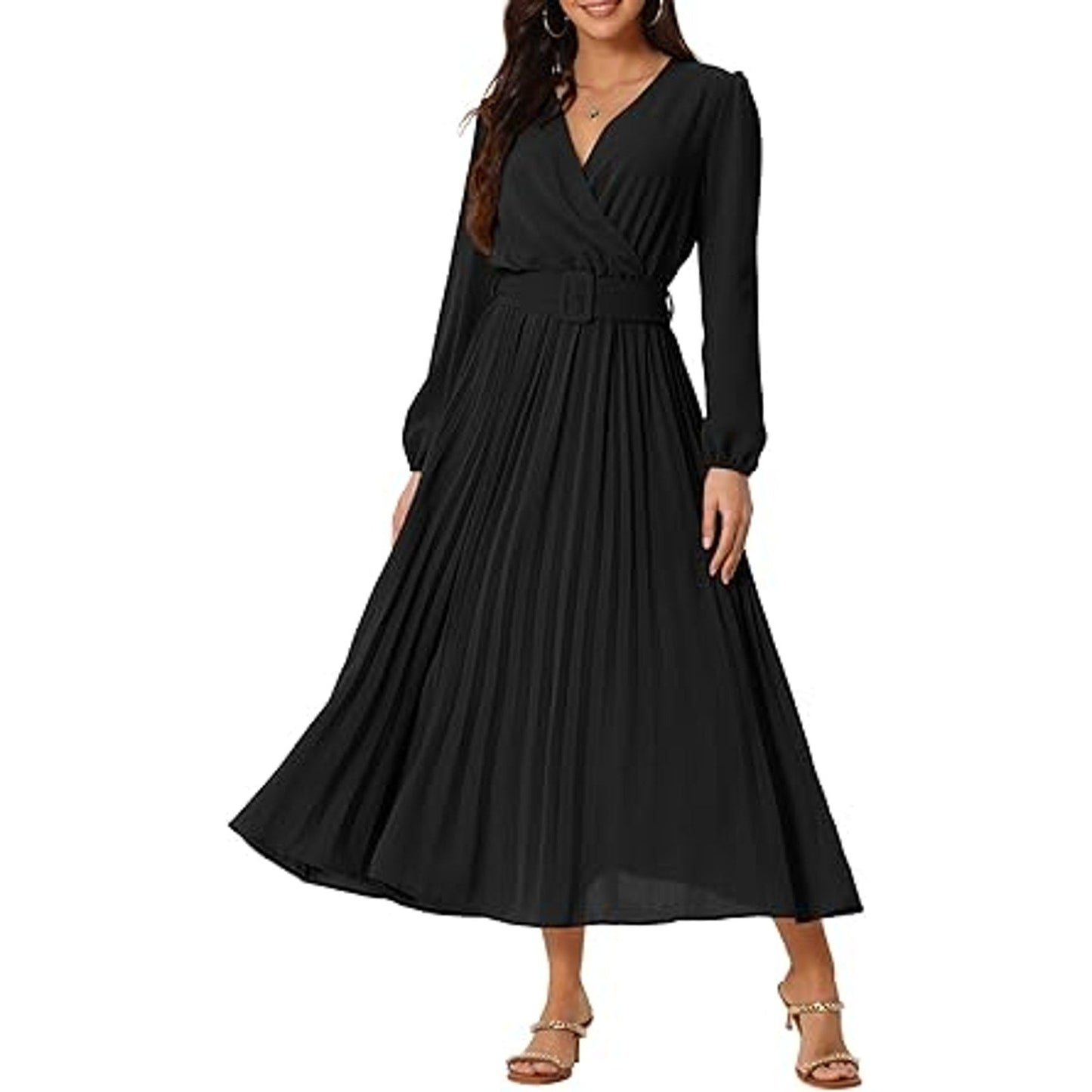Seta T Women's 2024 Casual Long Sleeve Wrap V Neck Flowy Pleated Midi Dress with Belt Larg