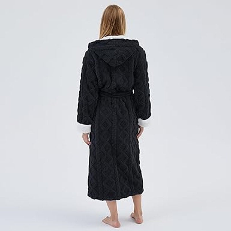 Dowesrobe Women's fluffy hooded plush bathrobe Winter warm and soft ladies long bathrobe (
