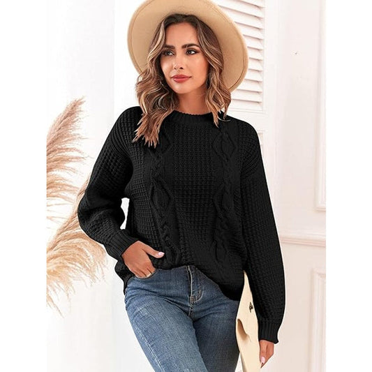 Womens Sweater Cable Knit Oversized Sweaters Crewneck Long Sleeves Casual Knit Pullo