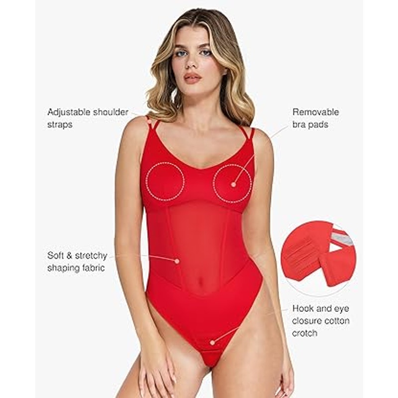 Popilush Mesh Shapewear Bodysuit Tummy Control Going Out Corset Tops Double Spaghetti Stra
