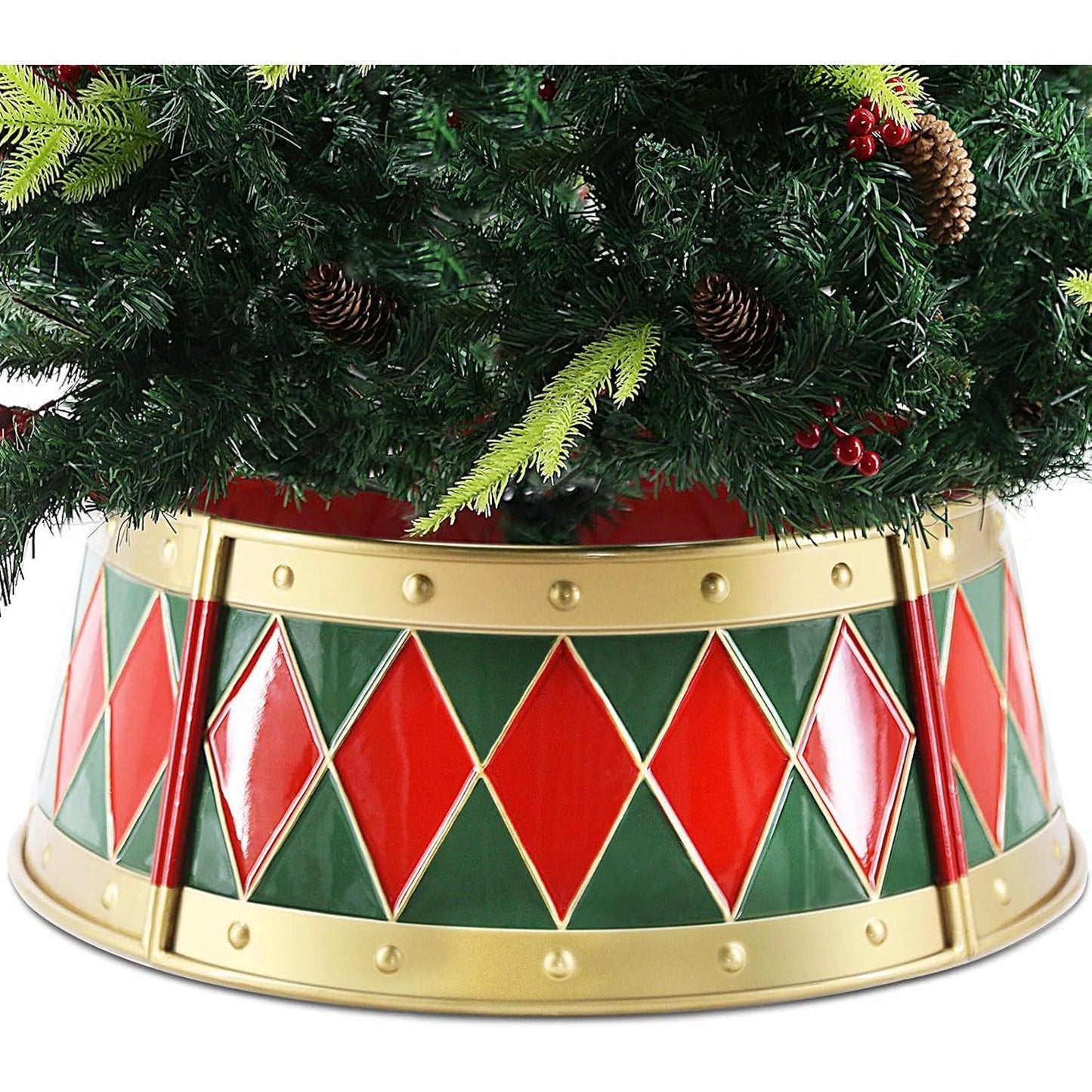 MINHOU-MINFEI Metal Christmas Tree Collar, 26 in Round Christmas Tree Base Collar for Artificial Tree Decorations (Red Green Gold Drum Style)
