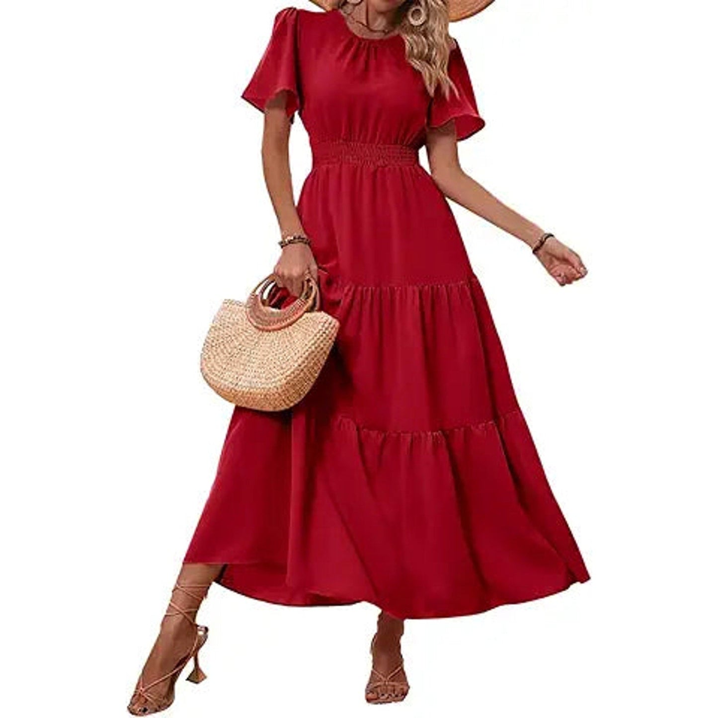 PRETTYGARDEN Women's Summer Casual Short Flutter Sleeve Round Neck Smocked Waist Tiered Bo