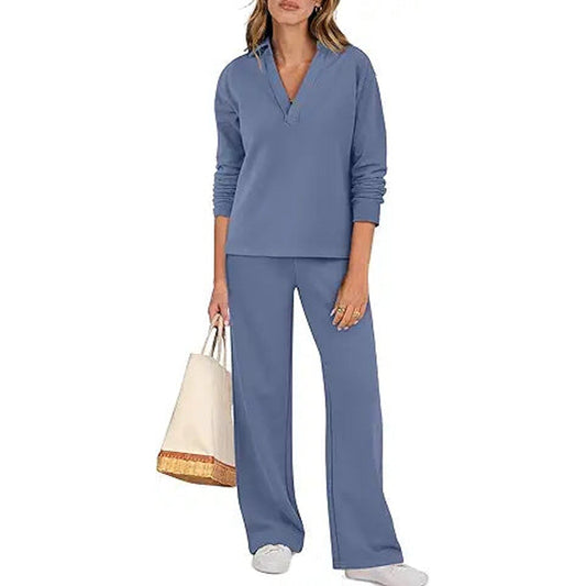 ANRABESS Lounge Sets for Women 2 Piece Outfits Sweatsuit Set Fall V Neck Sweatshirts Wide