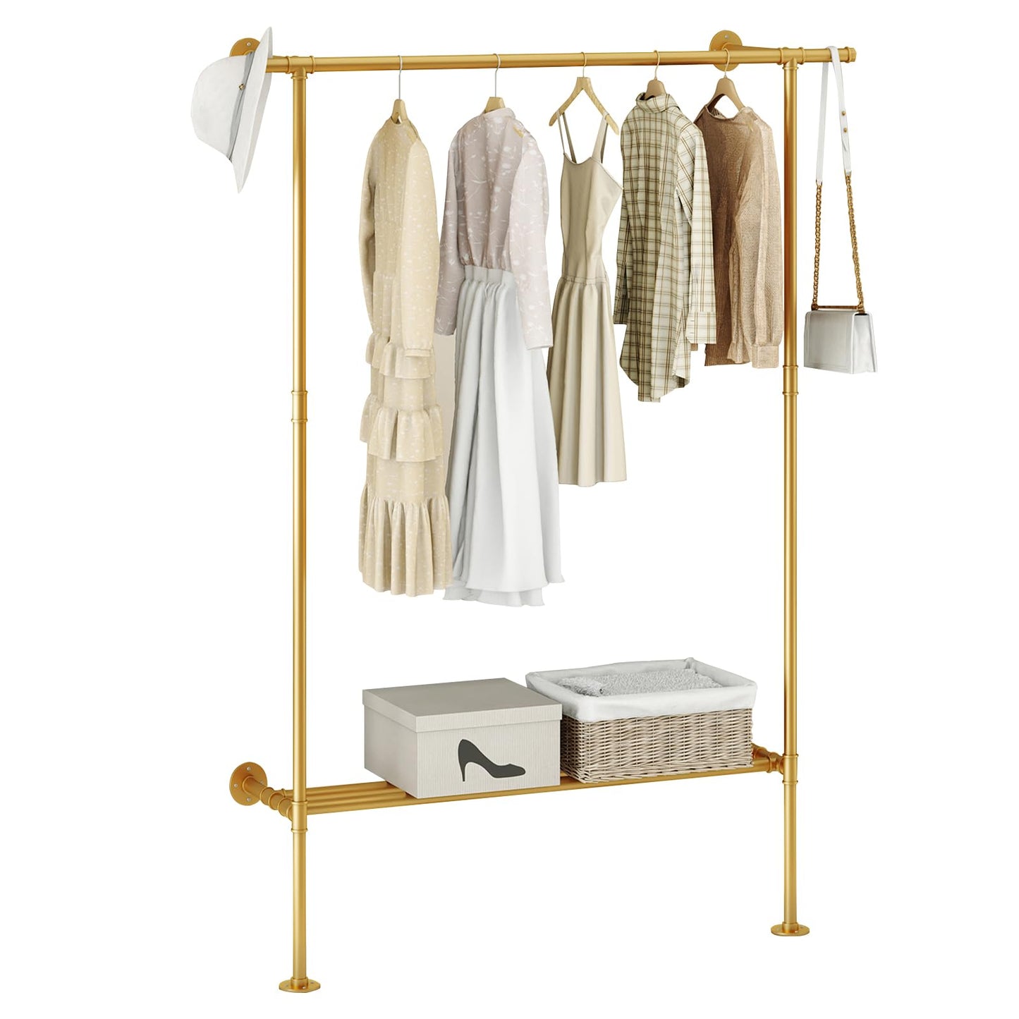 FJANKUI Gold Wall Mounted industrial pipe clothes rack with Shelf, clothing rack Rod for Closet and Walk-in Closet Systems, Multi-Purpose Sturdy Hanger for Hanging Clothes