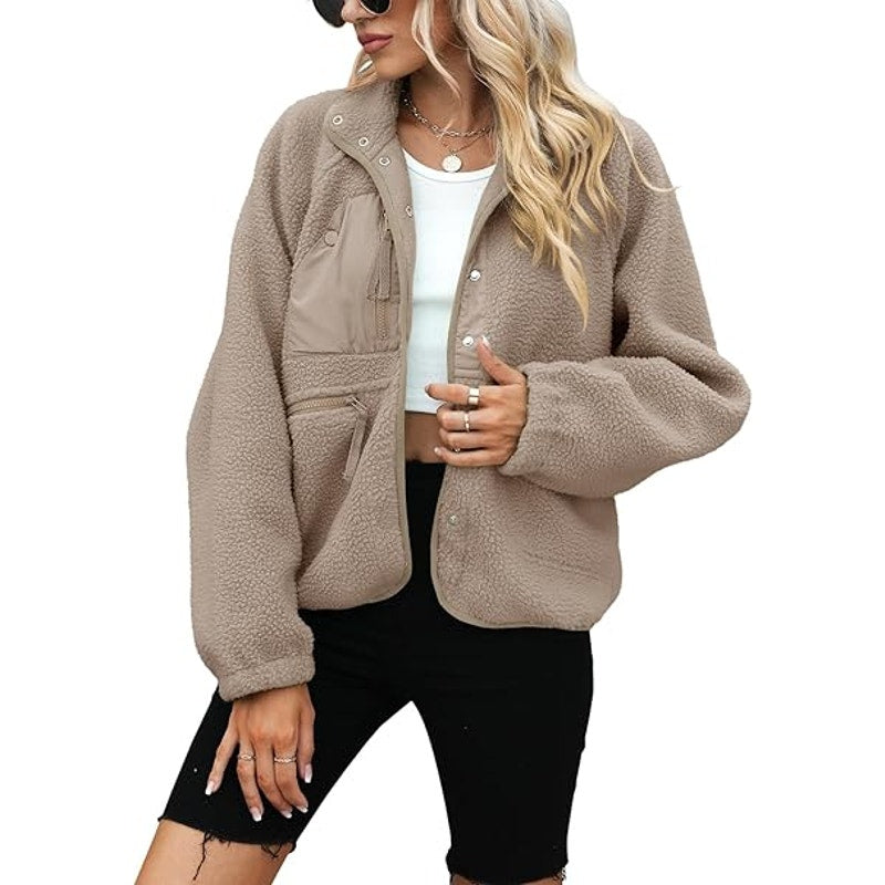 Womens Fleece Jacket Fuzzy Long Sleeve Short Coats Button Down Sherpa Outerwear wi
