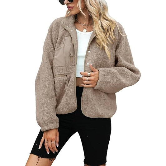 Womens Fleece Jacket Fuzzy Long Sleeve Short Coats Button Down Sherpa Outerwear wi
