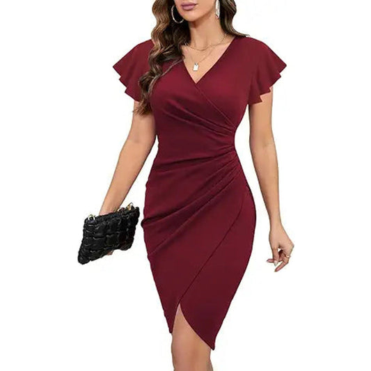 Machico Semi Formal Dresses for Women V Neck Wrap Bodycon Ruched Slit Cocktail Dresses wit