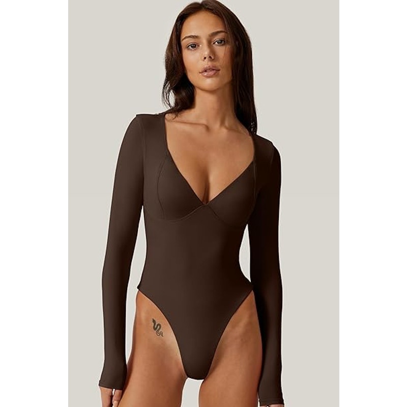 QINSEN Sexy Bodysuit for Women Sweetheart Neckline High Cut Thong Tops Long Sleeve Shirt C