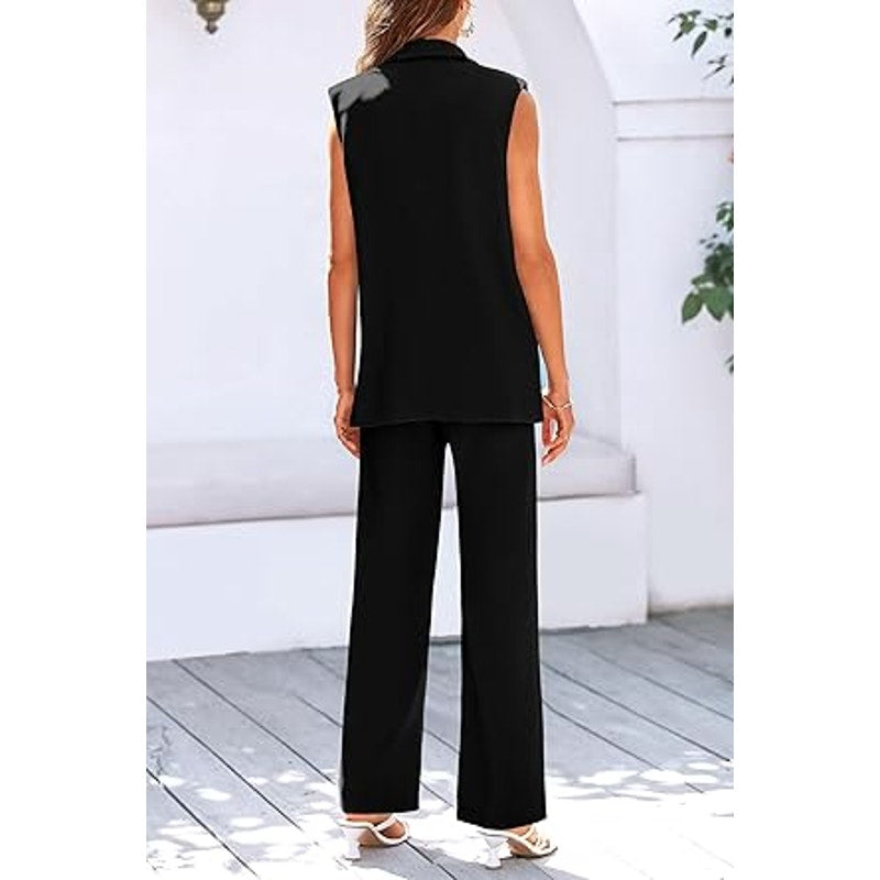PRETTYGARDEN Women's 2 Piece Outfits Sleeveless Suit Vest and Wide Leg Pants Business Casu