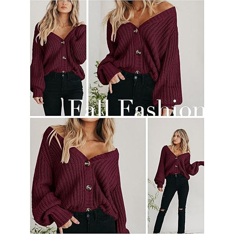 Women's Long Sleeve Plain Button Down Sweater Classic V-Neck Knit Cardigan Op