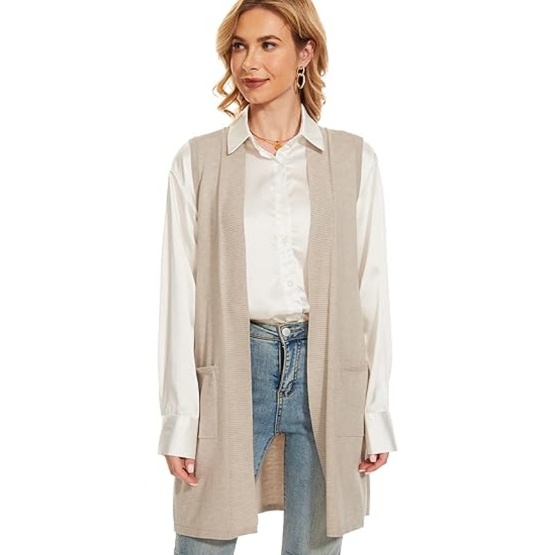 Moss Rose Long Vest for Women Sleeveless Lightweight Open Front Cardigans Ribbed Knit Outw