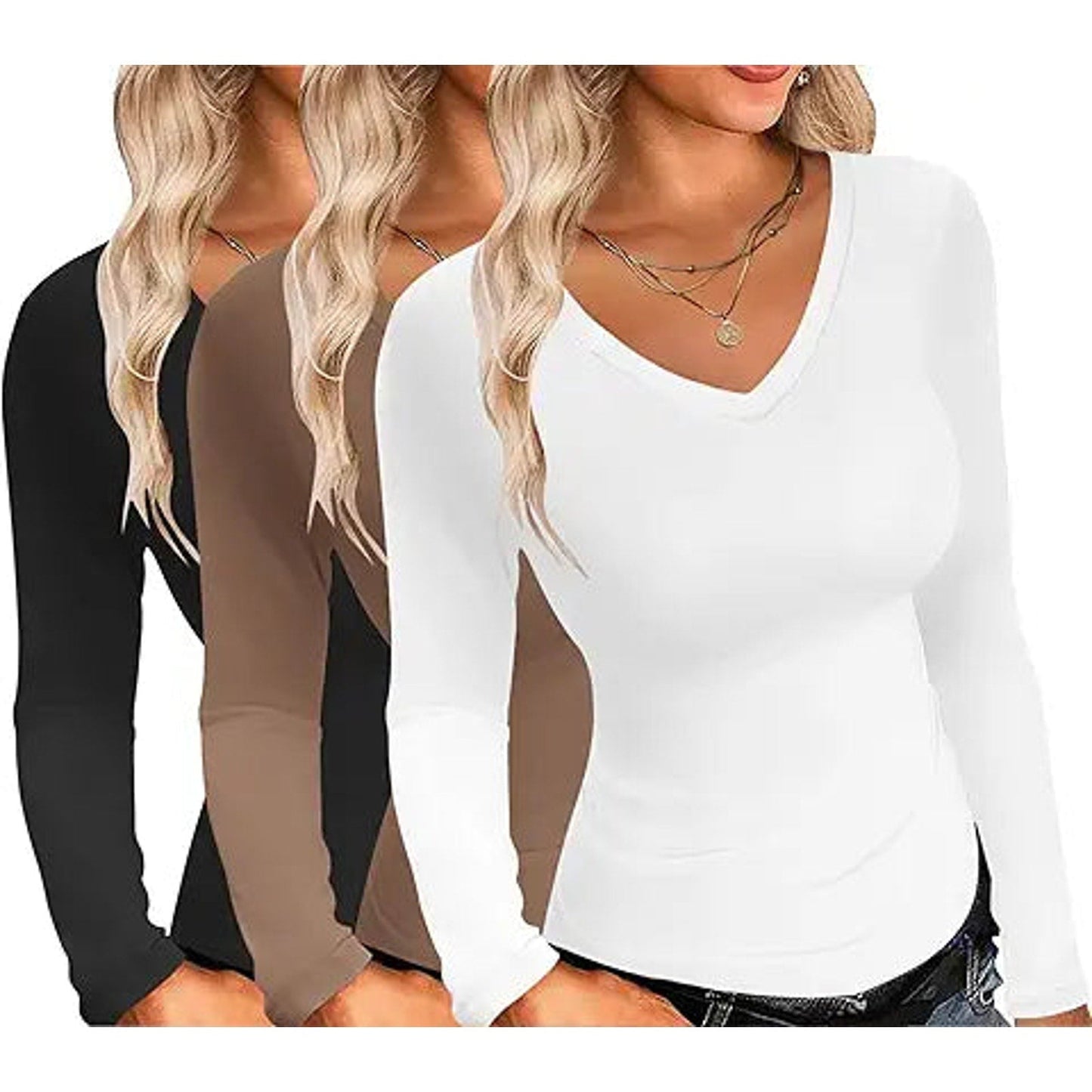 Ekouaer Womens 3 Pack Long Sleeve Shirts V Neck Slim Fit Lightweight Layering Tops 2024 Fa