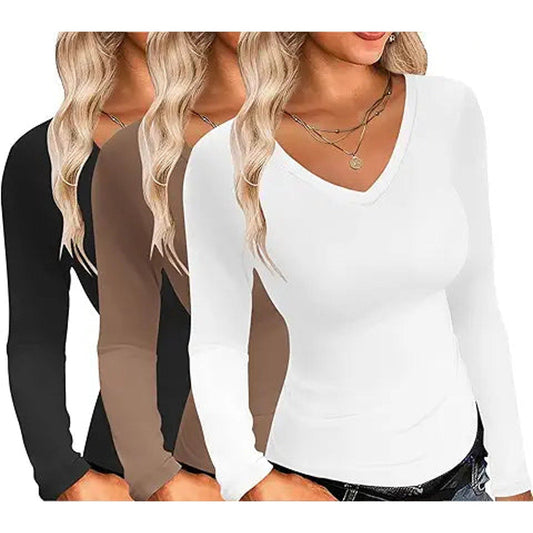 Ekouaer Womens 3 Pack Long Sleeve Shirts V Neck Slim Fit Lightweight Layering Tops 2024 Fa