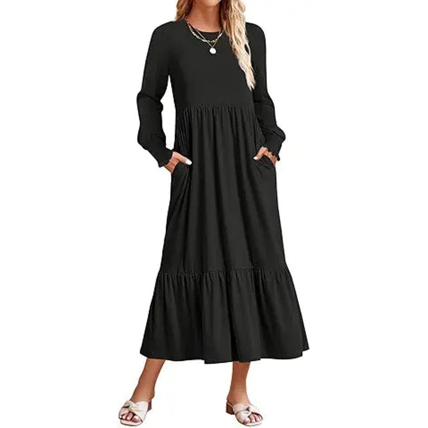 ZESICA Women's Spring Long Sleeve Dress 2025 Crewneck Casual Loose Pleated Tiered Swing Mi