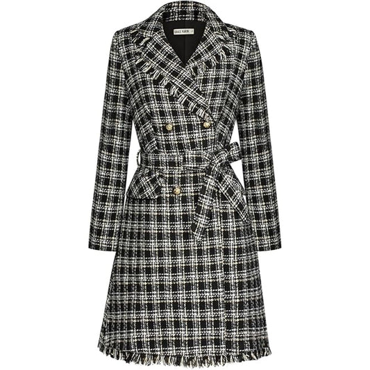 GRACE KARIN Black Trench Coat Women Notch Lapel Double Breasted Blend Mid Long Pea Trench