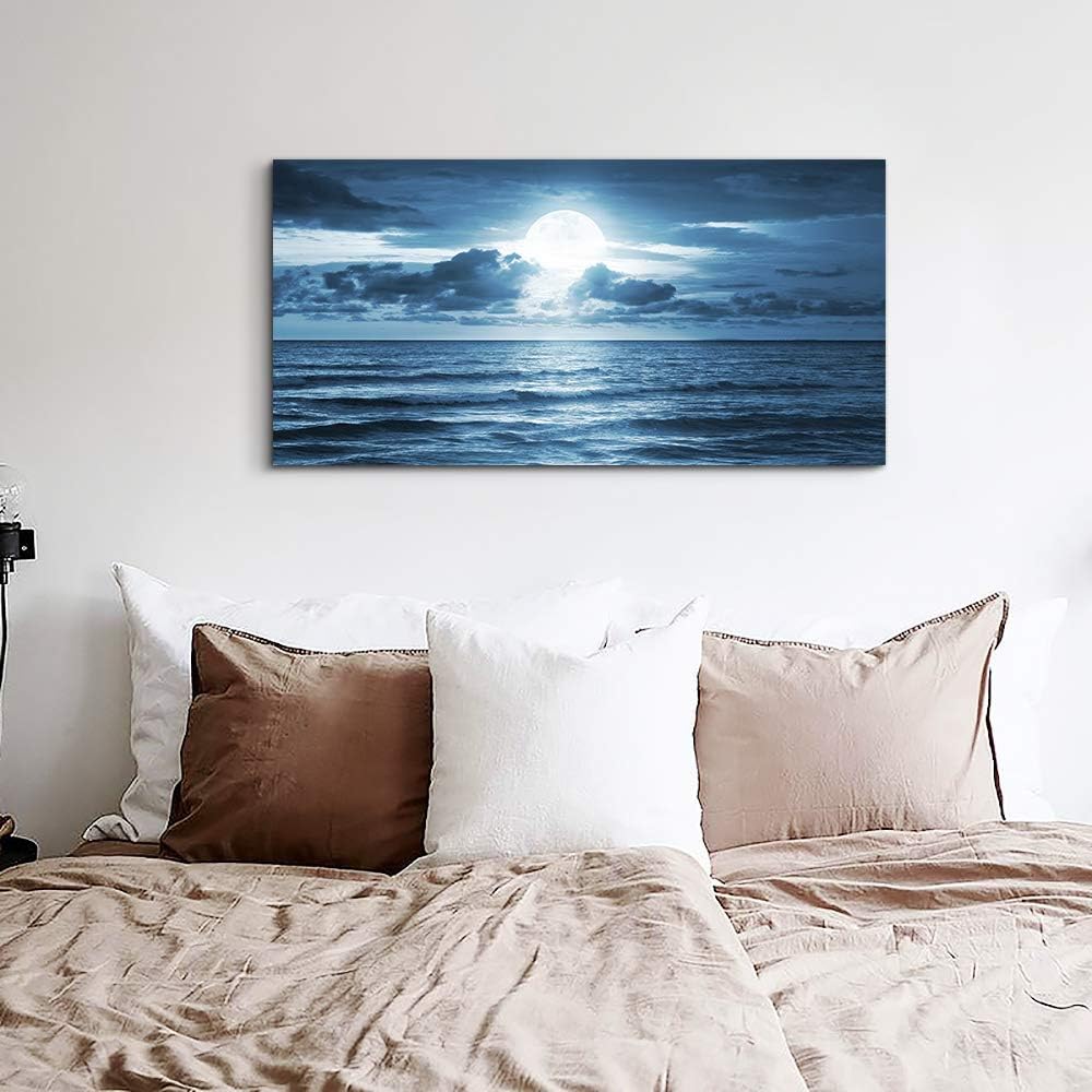 wall art for living room Decorations Photo Prints - blue sea view The moon Landscape - Modern Home Decor The room Stretched and Framed Ready to Hang artwork (Blue Ocean&Moon, 30x 60inch x 1pcs)