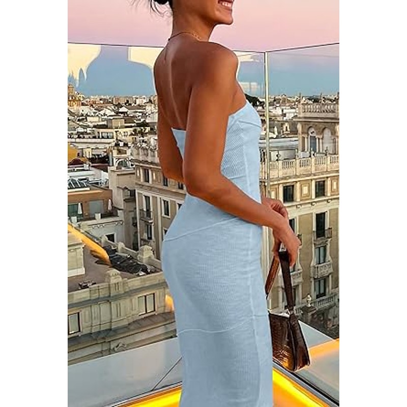 PRETTYGARDEN Women's Ribbed Maxi Bodycon Dress Summer Strapless Tube Y2K Party Club Long D