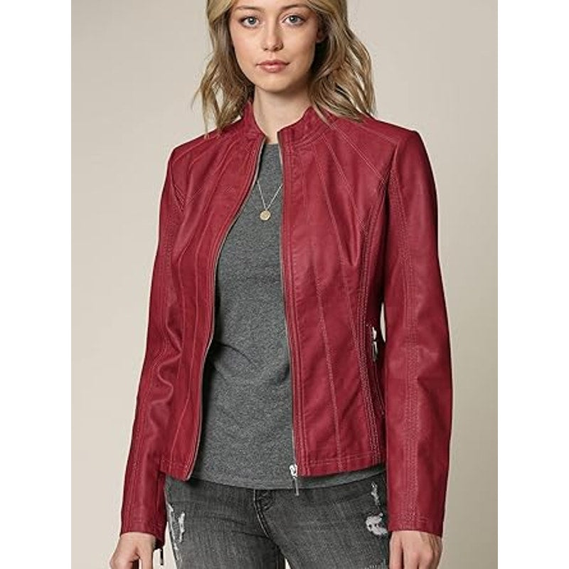 LL WJC877L Womens Panelled Faux Leather Moto Jacket S RED