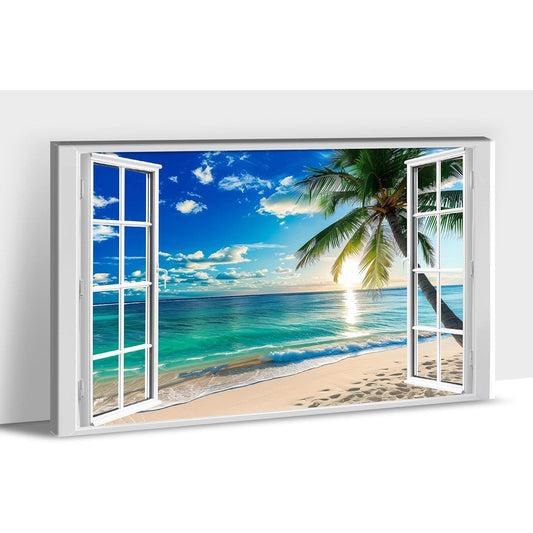 Blue Ocean Canvas Wall Art for Living Room-Coco Beach Pictures with Window -Seascape Artwork Modern Coastal Scenery Painting for Bedroom Bathroom Office Home Decor 36"x24"