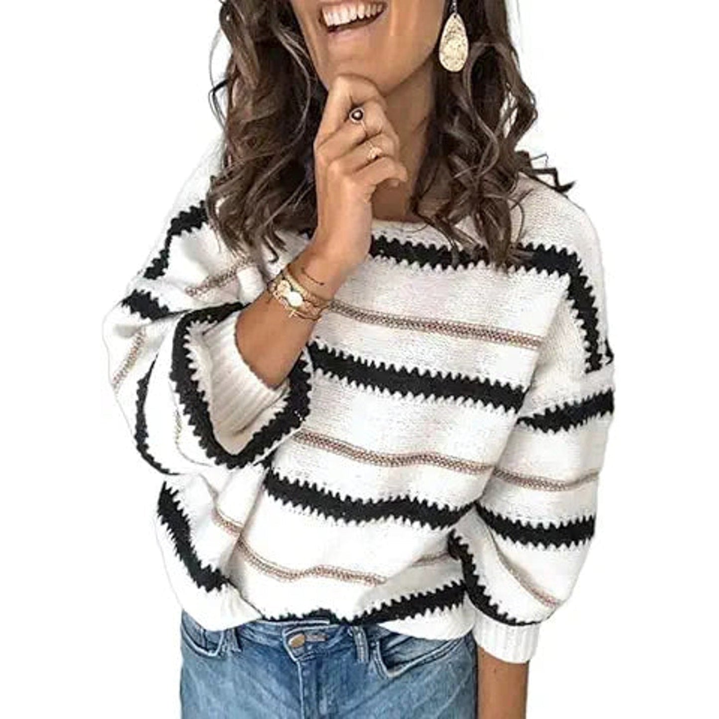 Dokotoo Long Sleeve Crewneck Striped Pullover Sweaters for Women Winter Casual Loose Knit