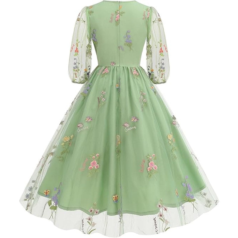 Half Sleeve Floral Embroidered Dress for Women Flower Embroidery Tulle Prom Dress Wrap V N