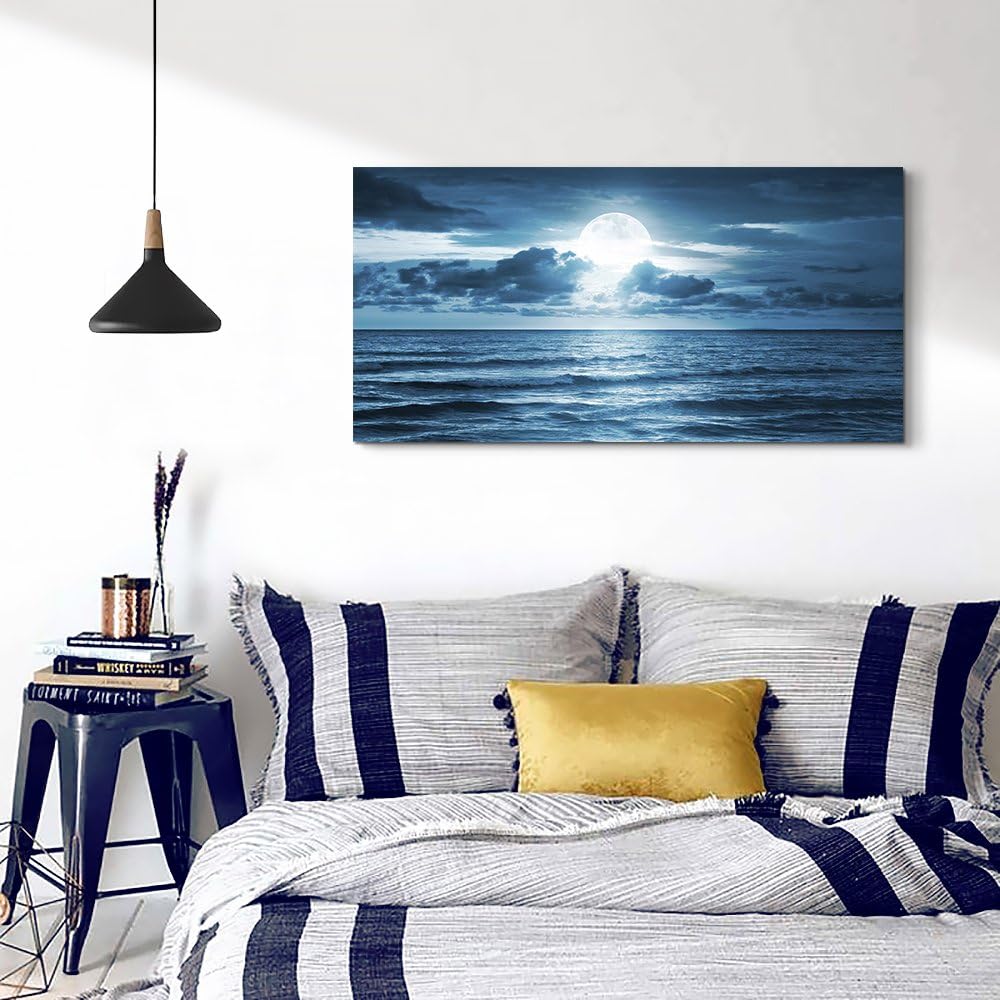 wall art for living room Decorations Photo Prints - blue sea view The moon Landscape - Modern Home Decor The room Stretched and Framed Ready to Hang artwork (Blue Ocean&Moon, 30x 60inch x 1pcs)