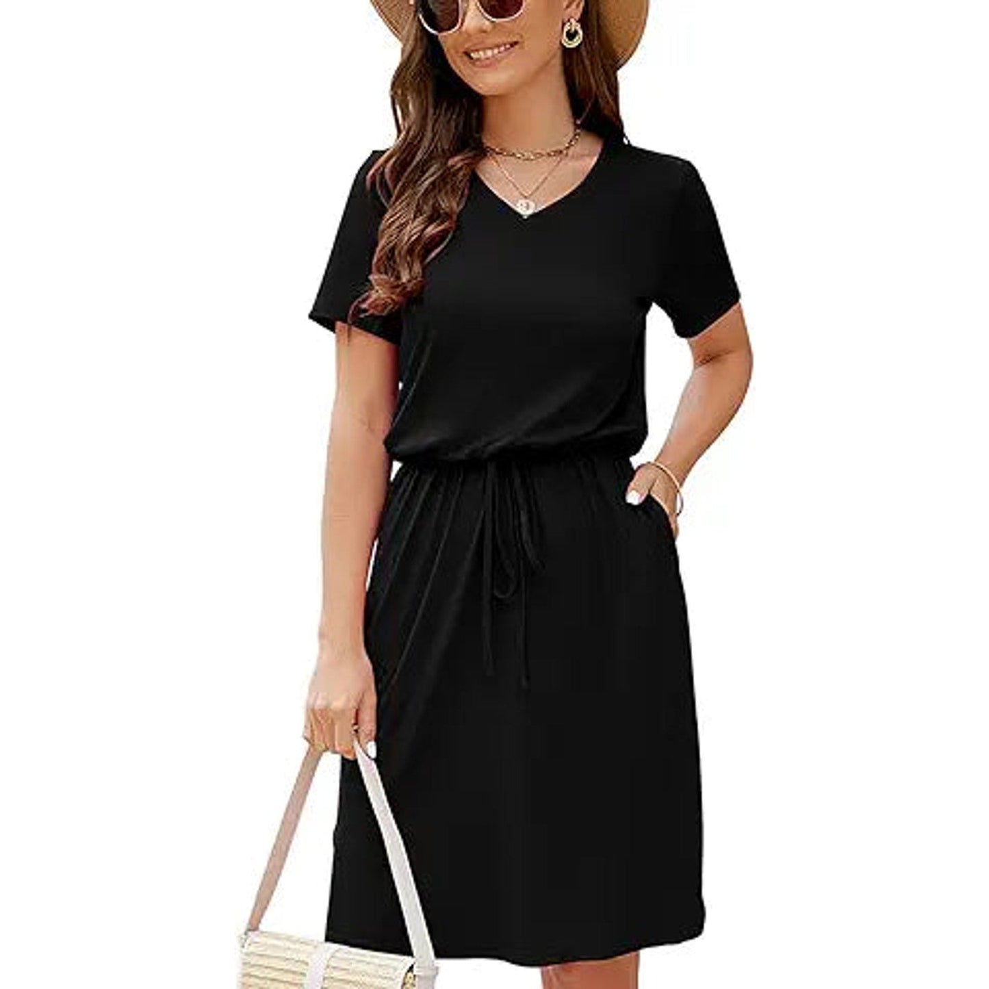 HUSKARY 2024 Women's Summer Casual Midi Dresses Short Sleeve V Neck Adjustable Waistline D