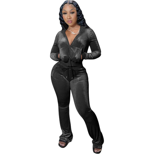 Womens 2 Piece Velour Hoodie Jogger Tracksuit Two Piece Outfits for Women, Long Sleeve Ful