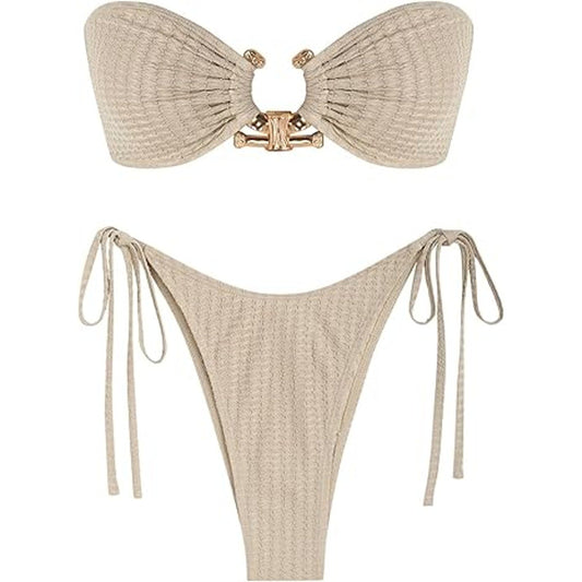 ZAFUL Women Strapless Textured Bandeau Bikini 2 Piece Swimwear Cheeky Solid Lace up Bathin