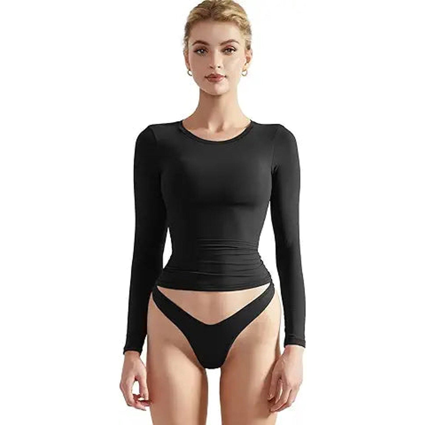 SUUKSESS Women Double Lined Fitted Basic Tee Shirts Crew Neck Long Sleeve Going Out Crop T