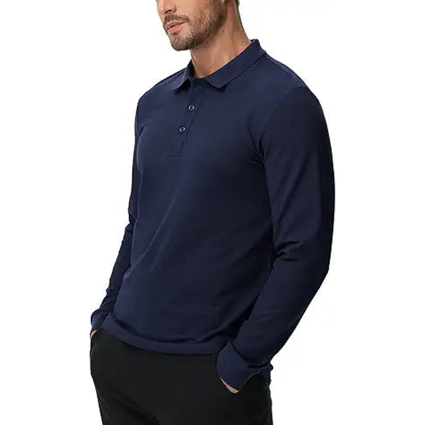 MIER Mens Long Sleeve Polo Shirts Cotton Performance Stretch Navy Golf Tennis Collared Shi