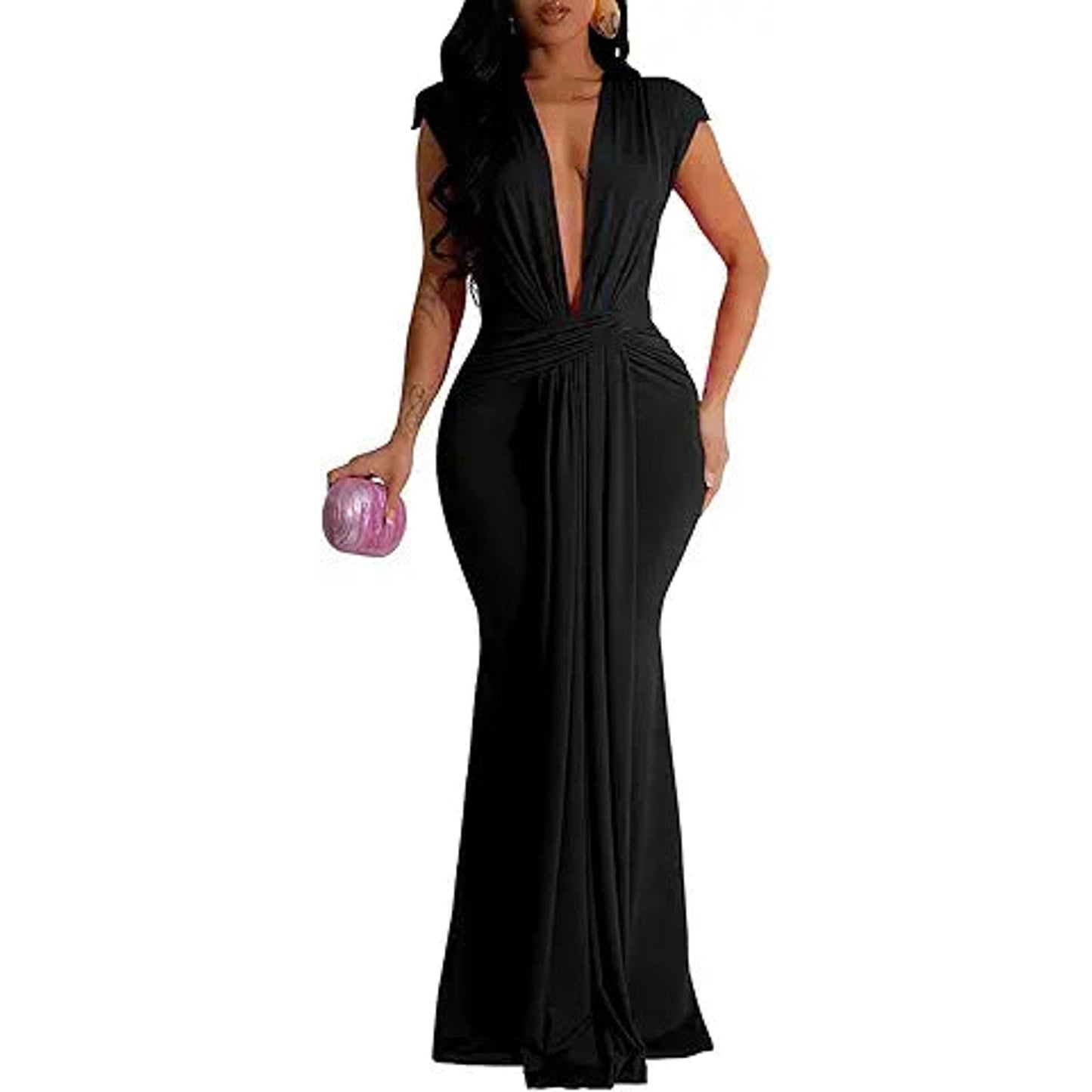 Yuopeid Summer Pullover Sexy V Neck Sleeveless Long Dresses for Women Fashion Ruched Bodyc